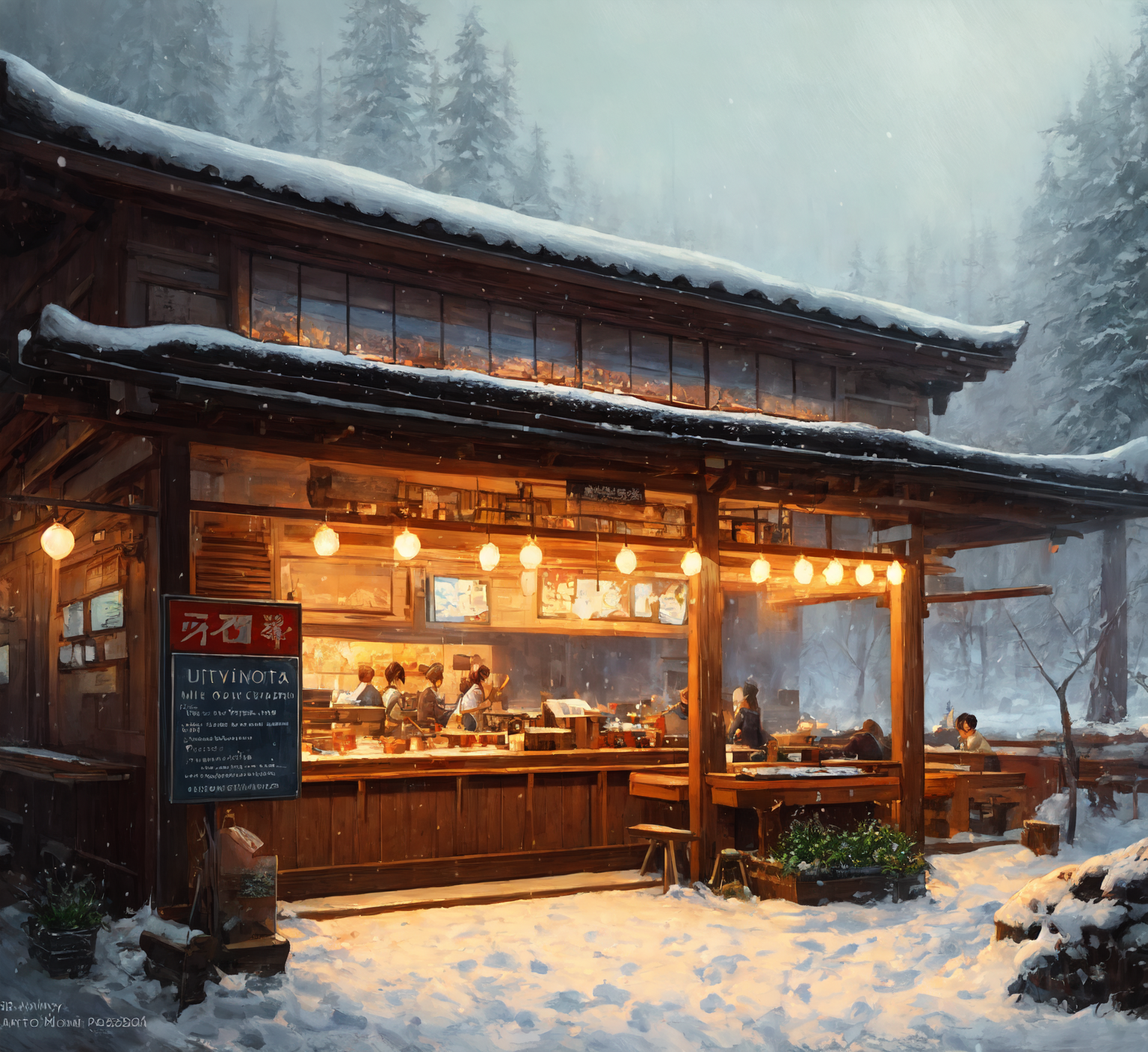 (extremely detailed CG unity 8k wallpaper), full shot photo of the most beautiful artwork of a japanese ramen shop, snow f...